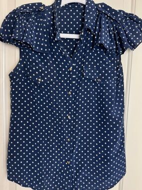 Benson 100% Silk Navy Polka Dot Ruffle Blouse Size 8